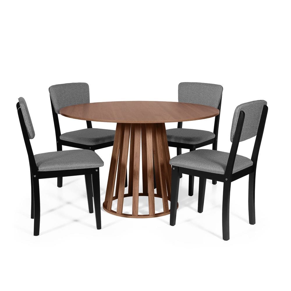 Mesa de Jantar Redonda Gabi Noronha com 4 Cadeiras Estofadas Ella Preto/Cinza Escuro