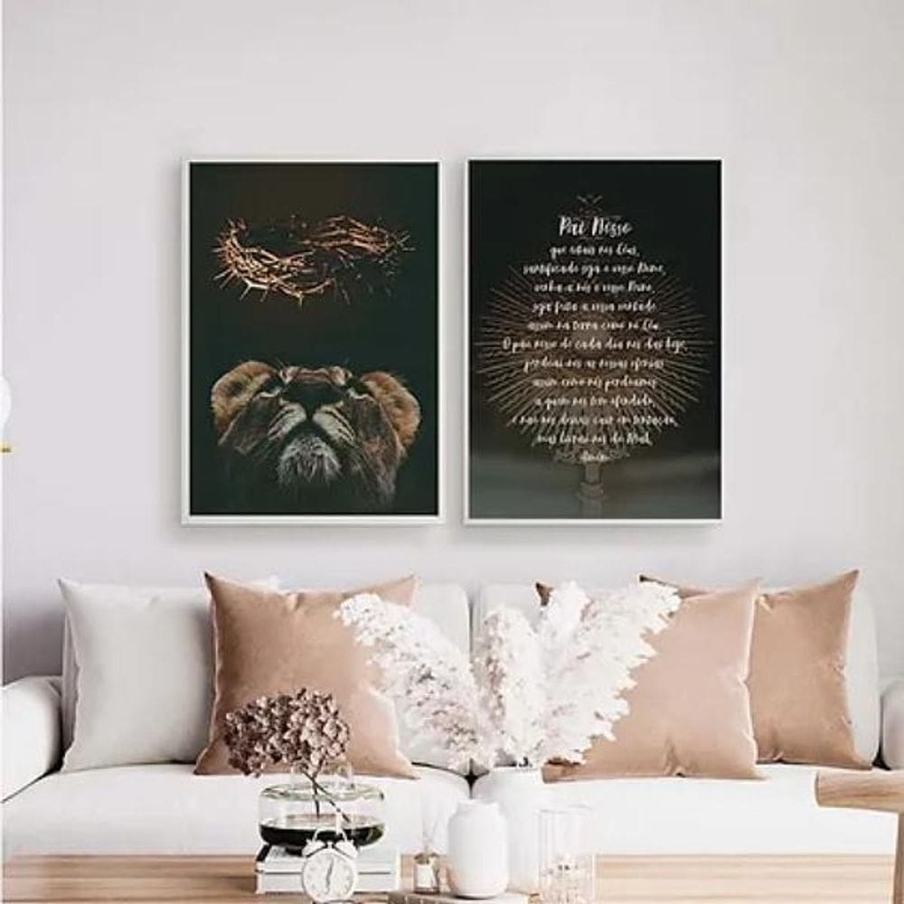 Kit 2 Quadros Oração Pai Nosso Leão 33X24Cm Com Vidro Branca