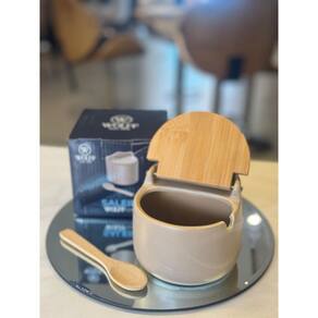SALEIRO DE CERAMICA C/TAMPA E COLHER DE BAMBU AREIA 10cm x 9,5cm x 9,5cm