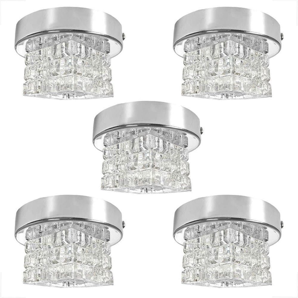 Kit 5 Spot Cristal Plafon Sobrepor Prata Brilhoso Corredor