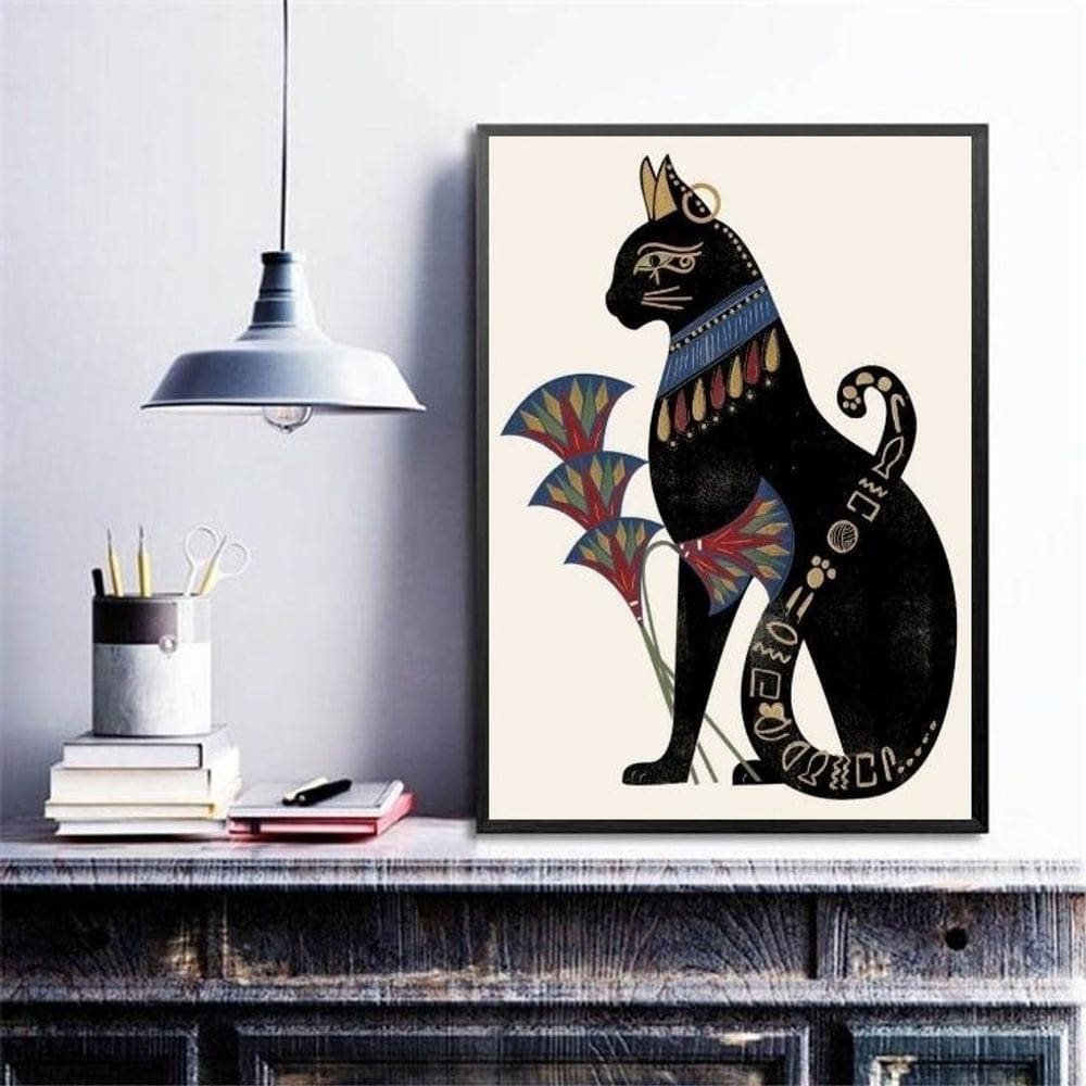 Quadro Decorativo Gato Bastet Flor De Lotus 24X18Cm - Vidro