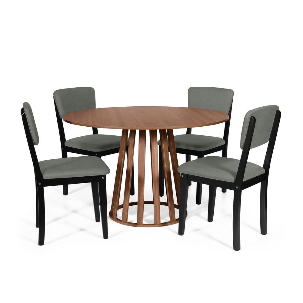 Mesa de Jantar Redonda Gabi Noronha com 4 Cadeiras Estofadas Ella Preto/Cinza