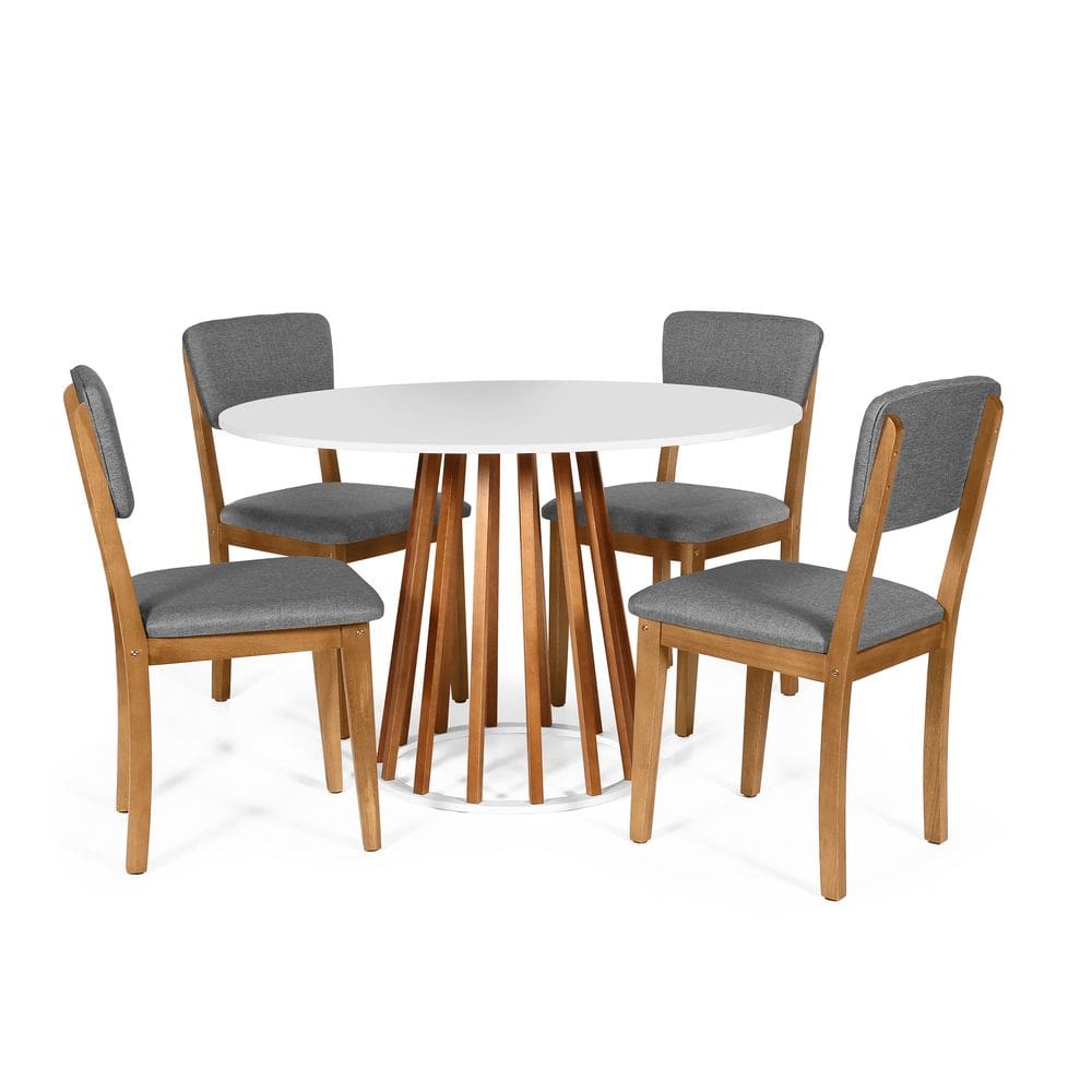 Mesa de Jantar Redonda Gabi Nat/Bran com 4 Cadeiras Estofadas Ella Cinza Escuro