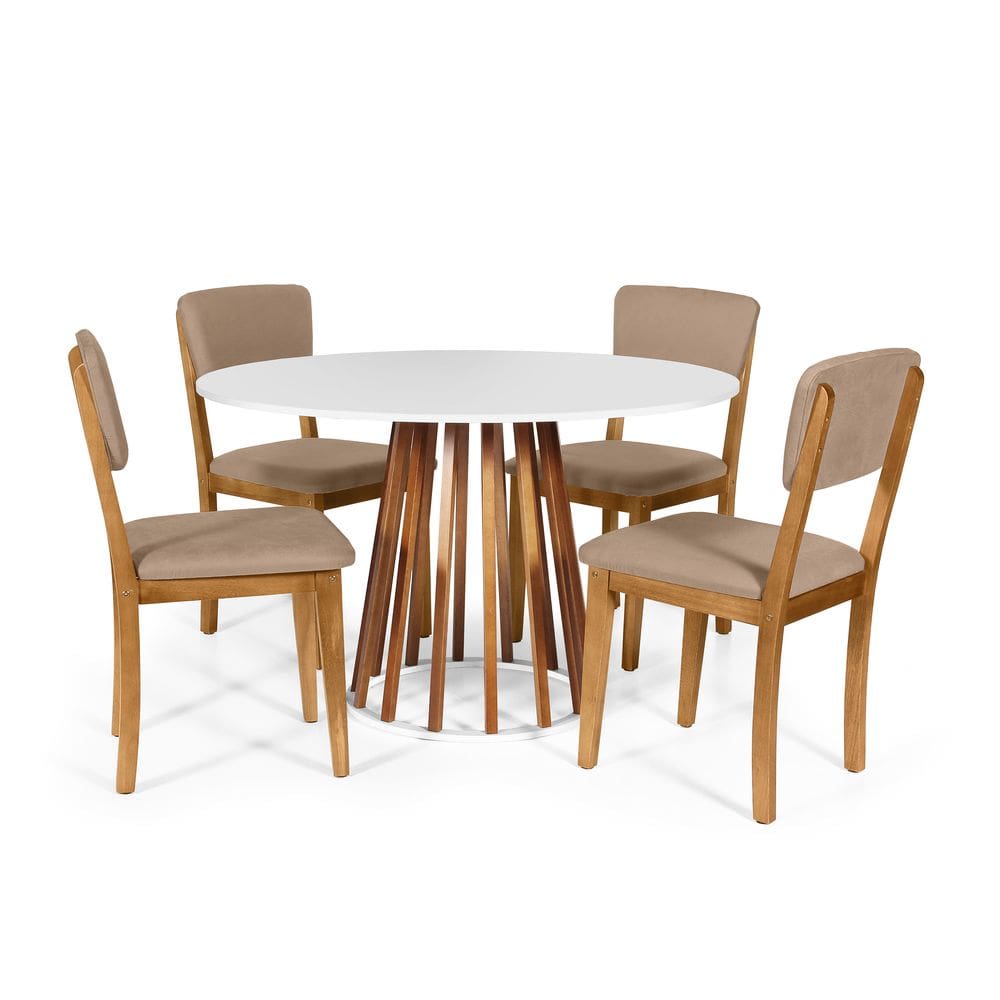 Mesa de Jantar Redonda Gabi Nat/Bran com 4 Cadeiras Estofadas Ella Marrom Claro