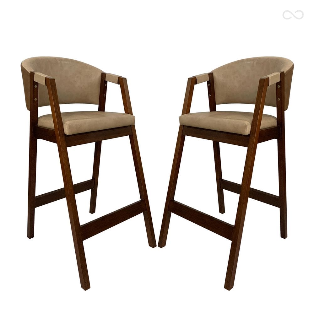 Kit 2 Banquetas Alta de Madeira Maciça Capuccino Ravena com Encosto Sintético Marrom Bege CCS