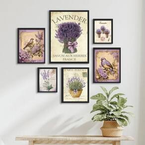 Kit Composição 6 Quadros Lavanda E Pássaros