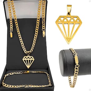 Corrente Banhada Aço Inox + Pingente Diamante + Pulseira