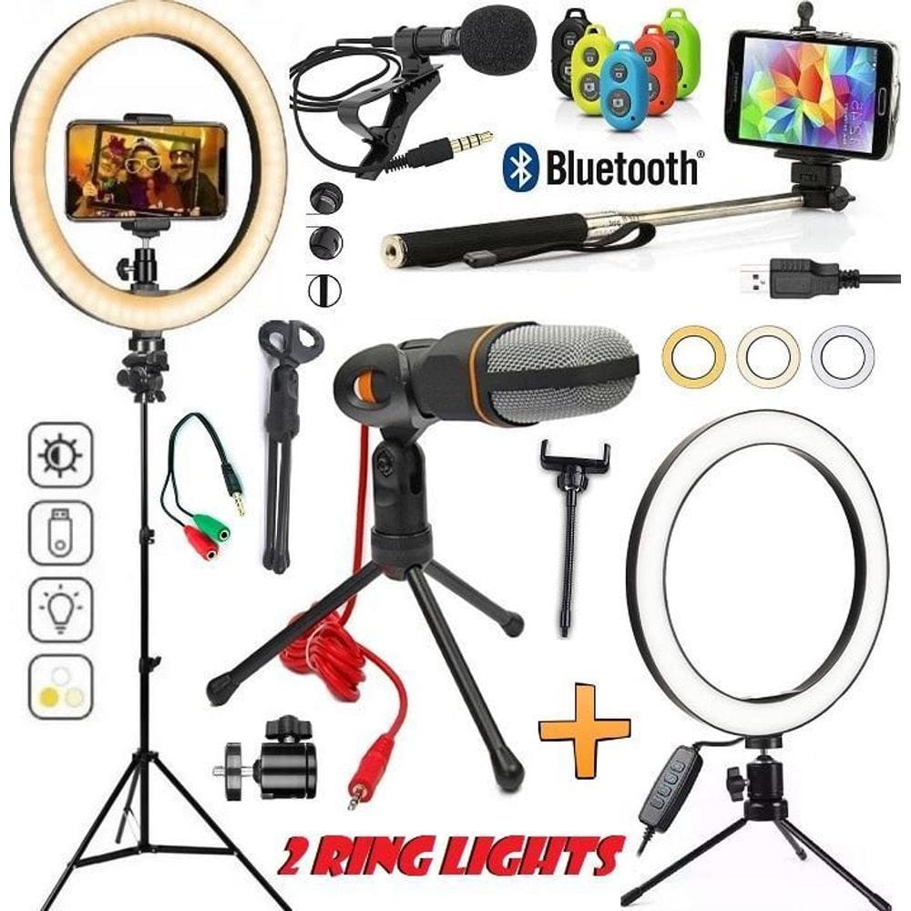 Kit gravação vídeo celular tripé profissional + 2 hing light