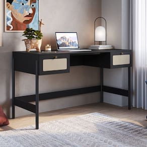 Escrivaninha 2 Gavetas 139cm Palhinha Pé Madeira Oslo Nero/Preto