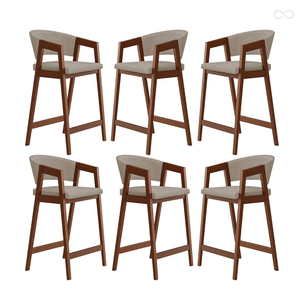 Kit 6 Banquetas Alta para Cozinha Ravena em Madeira Maciça Pinhão Suede Bege CCS