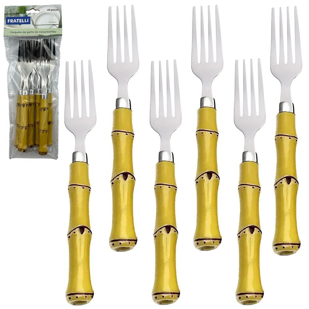 Garfo De Mesa De Inox Cabo Plastico Bambu Com 6 Pecas 19,5Cm
