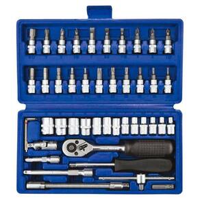 Kit jogo soquete 46 pçs aço crv 1/4 catraca chave com maleta