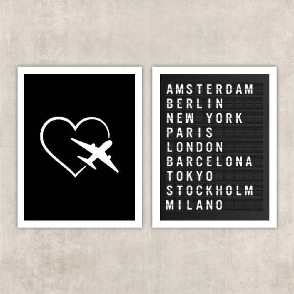 Kit 2 Quadros Travel Placa De Aeroporto 33X24Cm - Com Vidro