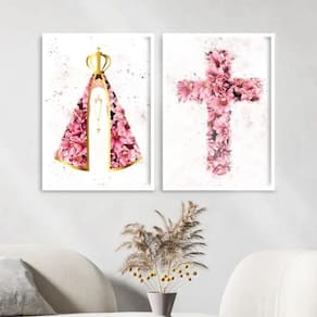 Kit 2 Quadros Nossa Senhora E Cruz Flores 24X18Cm Branca