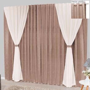 Cortina bhaly jacquard e voal 4,00 x 2,50 para varão - bege