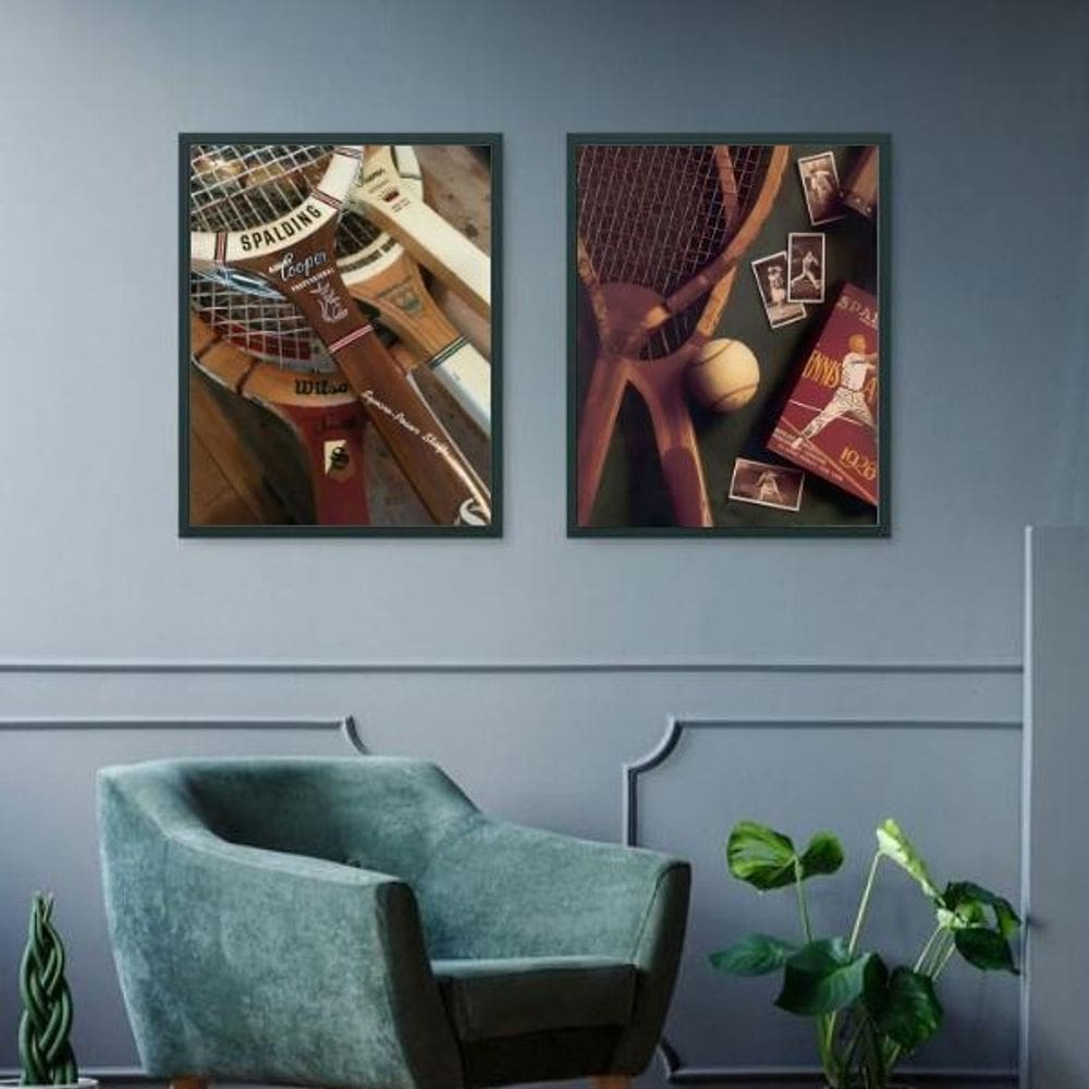 Kit 2 Quadros Vintage Tênis - Raquetes 45X34Cm - Com Vidro