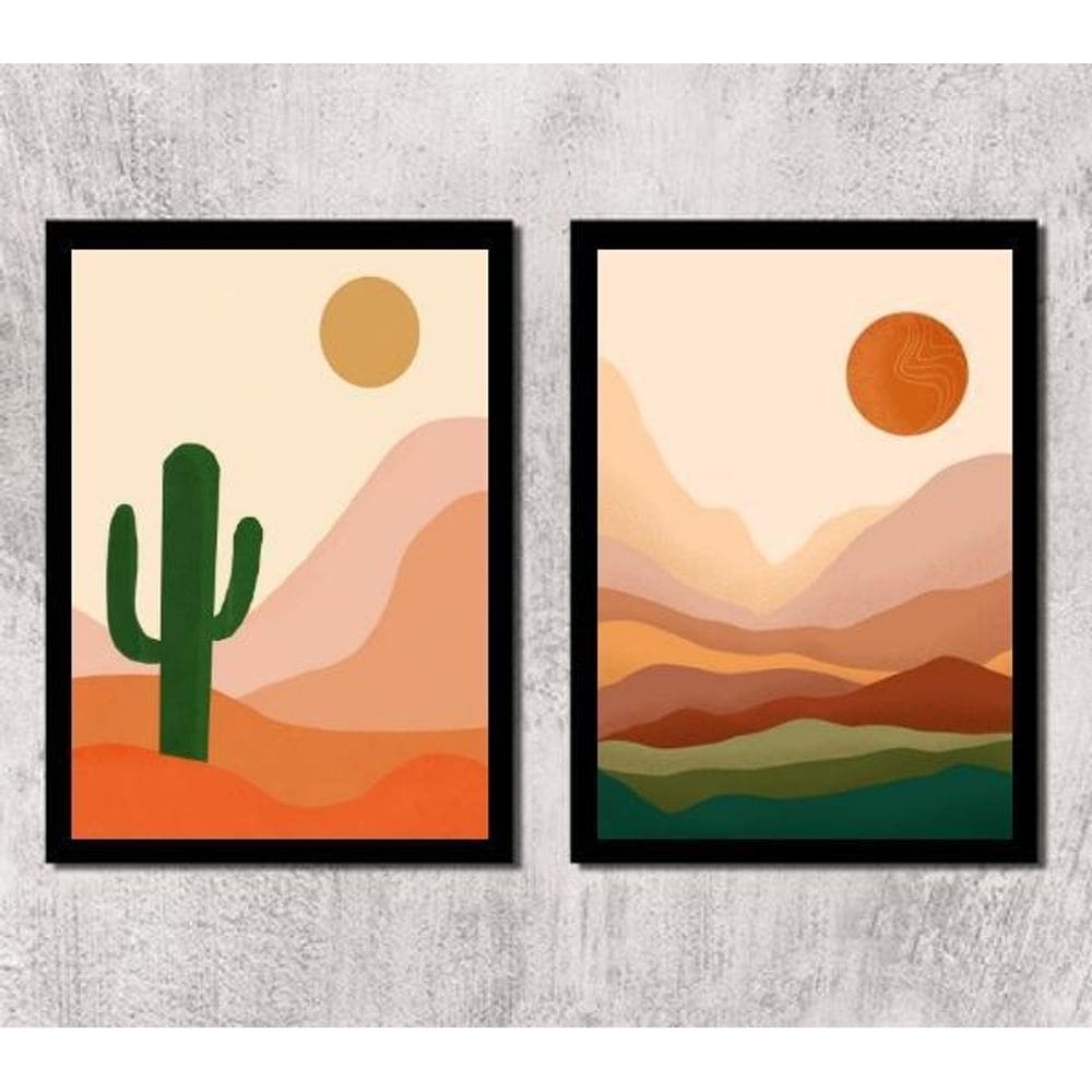 Kit 2 Quadros Deserto Boho 45X34Cm - Com Vidro Preta