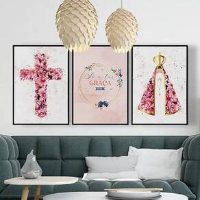 Kit 3 Quadros Nossa Senhora Aquarela Flores 33X24Cm Preta
