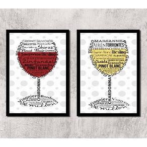 Kit 2 Quadros Vinho Branco E Vinho Tinto 33X24Cm - Com Vidro