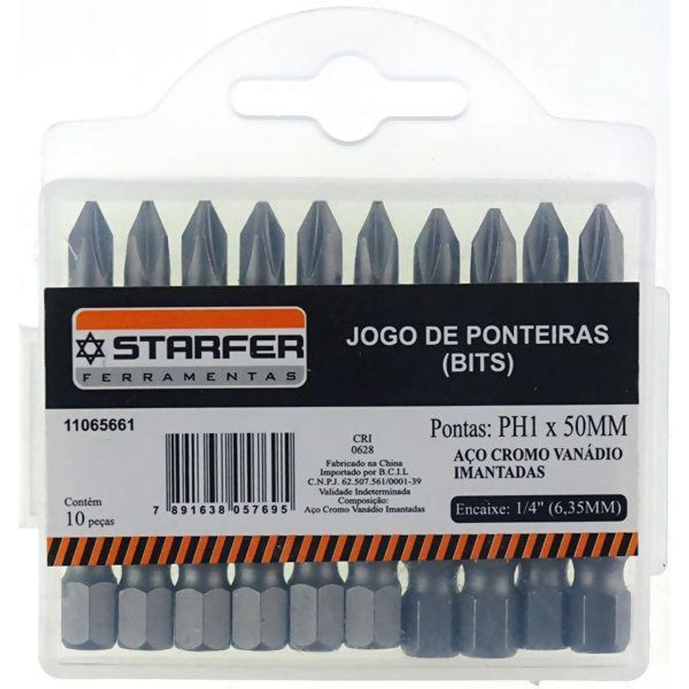 Jogo 10 bits ponta phillips 1 parafusadeira 50mm starfer