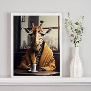 Quadro Decorativo Girafa Tomando Café 45X34Cm - Com Vidro