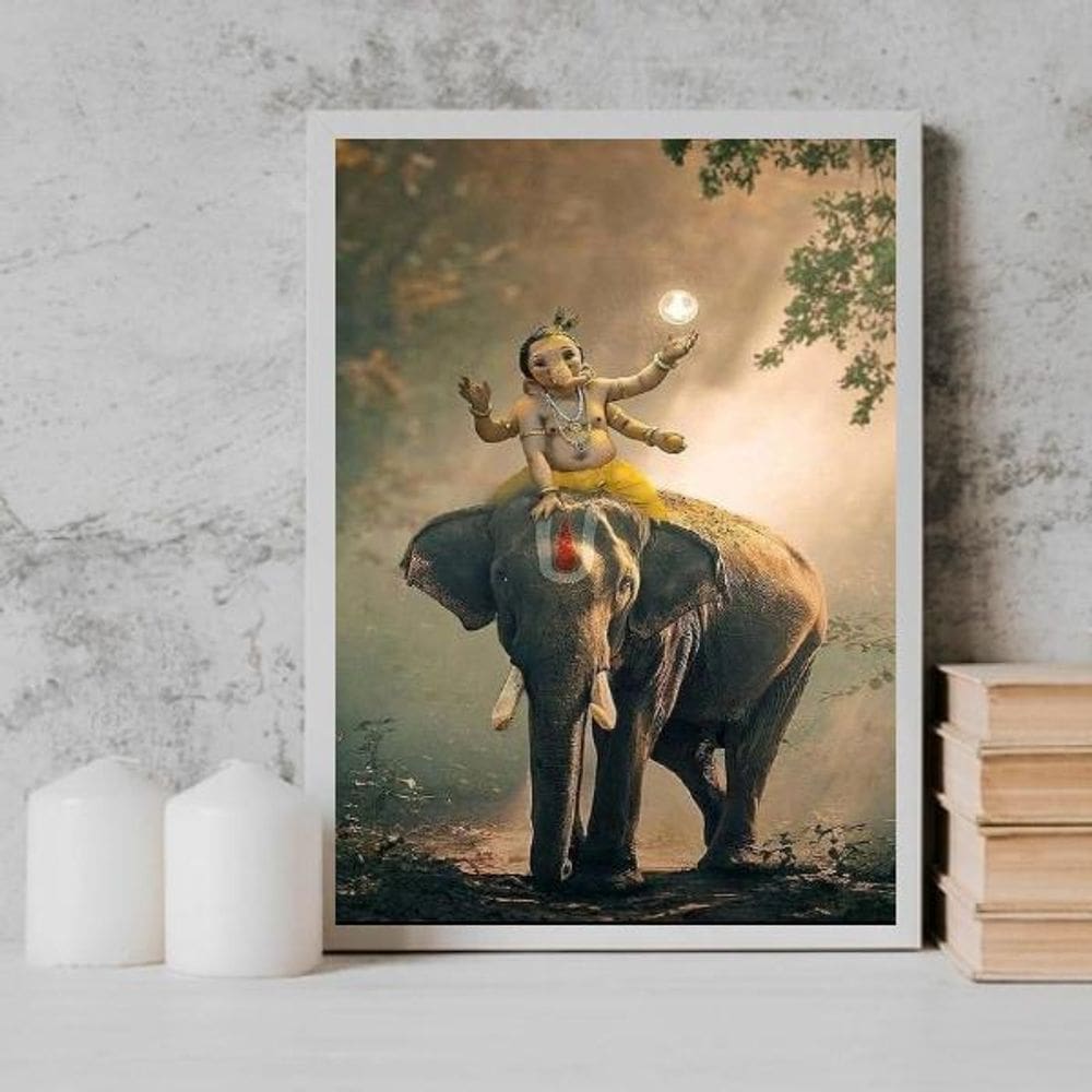Quadro Lord Ganesha Elefante 45X34Cm - Com Vidro Branca