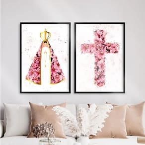 Kit 2 Quadros Nossa Senhora E Cruz Flores 45X34Cm Preta