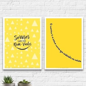 Kit 2 Quadros Dentista Sorriso Amarelo 24X18Cm Vidro Branca