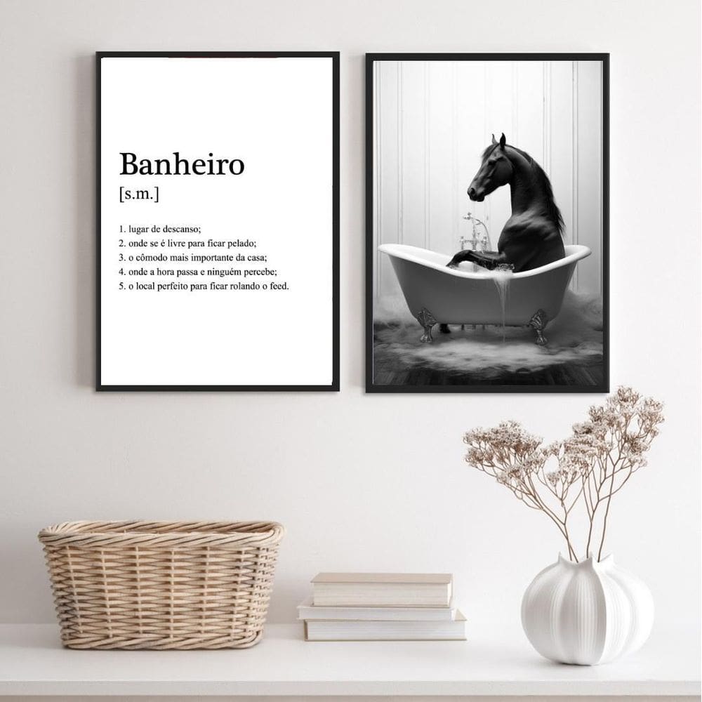 Kit 2 Quadros Divertidos Banheiro - Cavalo 24X18Cm