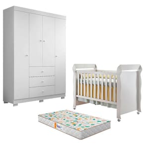 Berço Americano Mirelle e Guarda Roupa 4 Portas Duda Branco Brilho com Colchão Gazin – Phoenix Baby