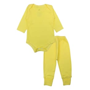 Conjunto Body Bebê Longo Algodão Amarelo Liso Unissex