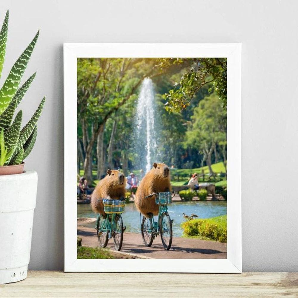 Quadro Capivaras Andando De Bicicleta 33X24Cm - Com Vidro