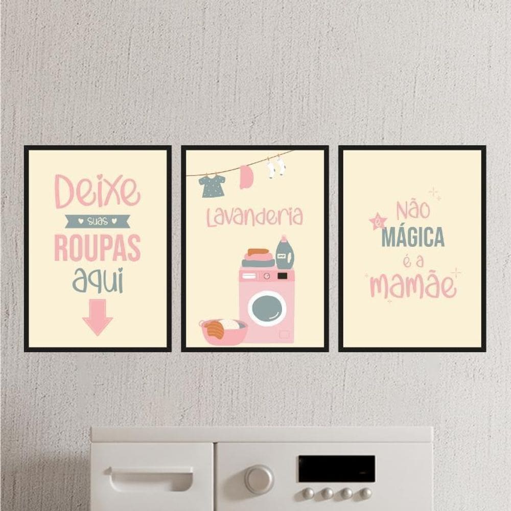 Kit 3 Quadros Lavanderia Mágica 24X18Cm - Com Vidro Preta