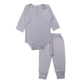 Conjunto Body Bebê Longo Algodão Cinza Liso Unissex