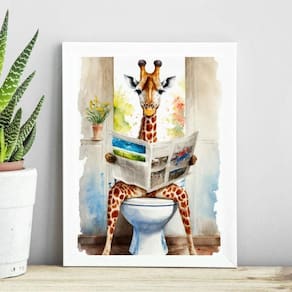 Quadro Banheiro Girafa Lendo Jornal- Aquarela 45X34Cm Vidro