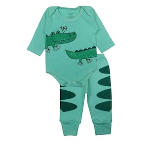 Conjunto Body Bebê Longo Algodão Verde Estampado Menino