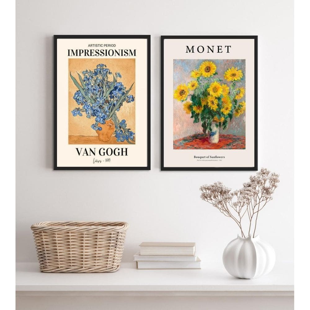 Kit 2 Quadros Artes Monet E Van Gogh- Flores 24X18Cm - Vidro