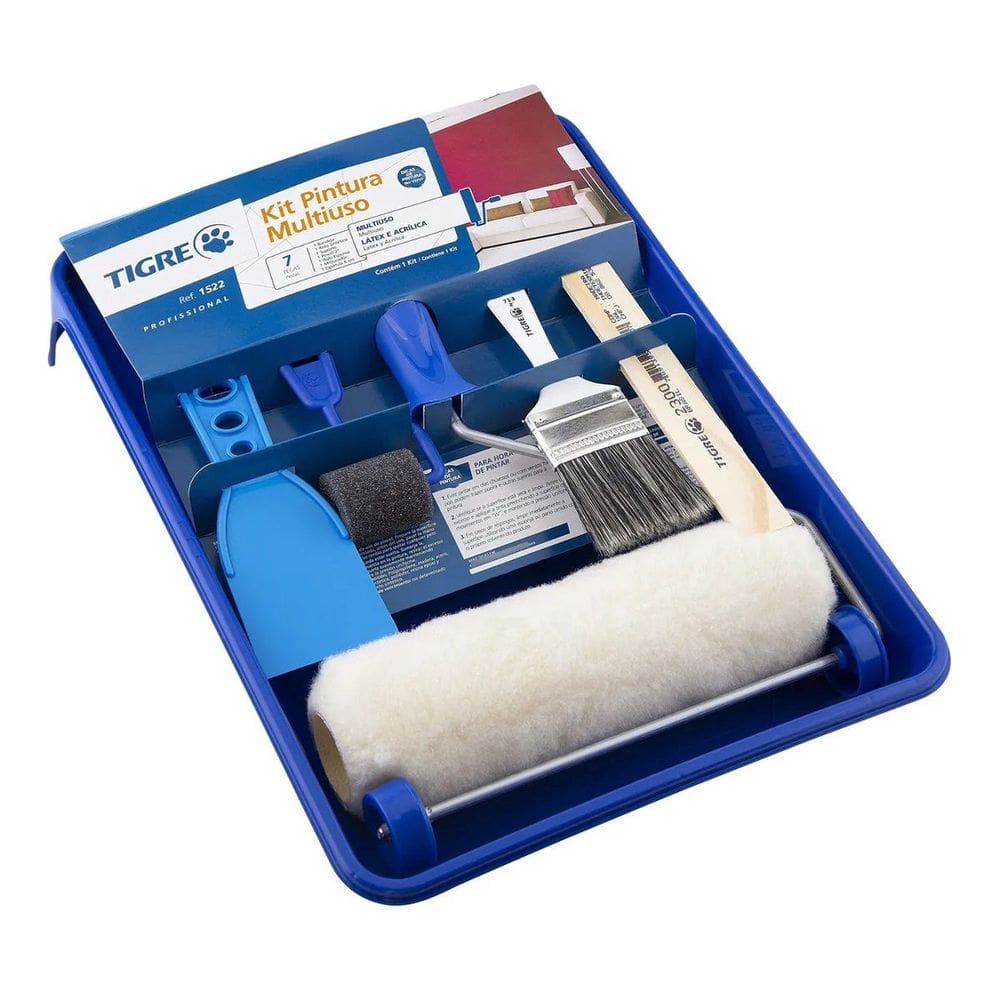 Kit Pintura Tigre Bandeja Rolo Pincel Espátula 7 Peças