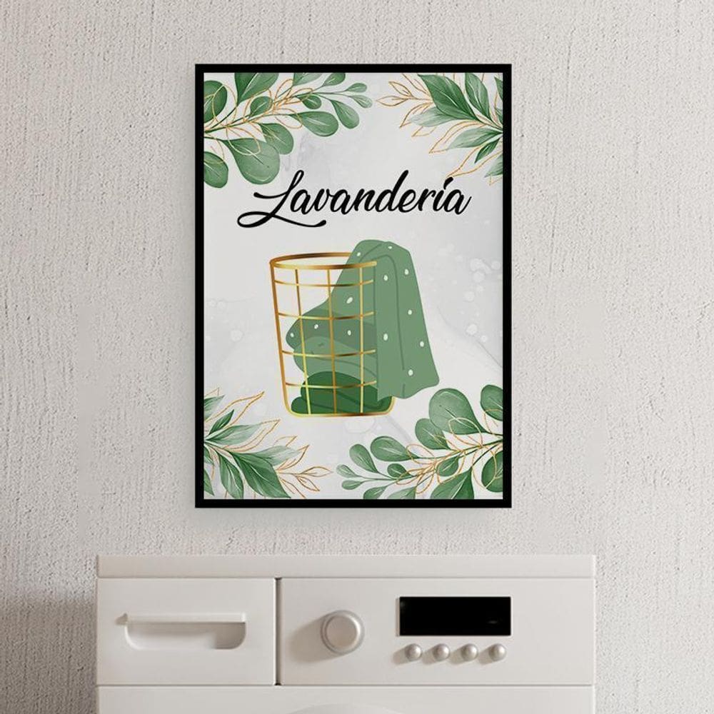 Quadro Decorativo Lavanderia Folhas 45X34CmVidro Preta