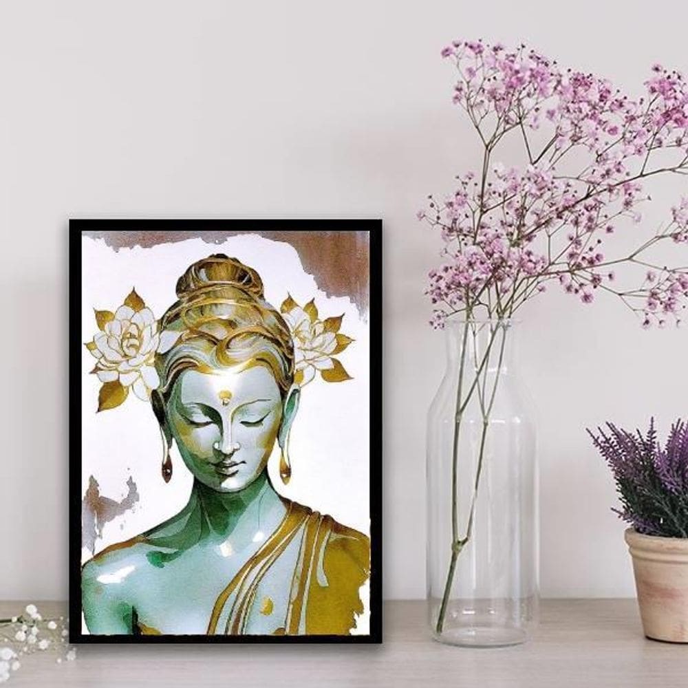 Quadro Buda Branco Com Dourado 24X18Cm Preta