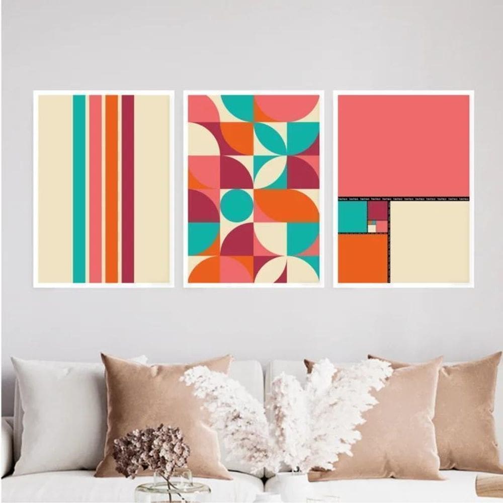 Kit 3 Quadros Bauhaus Dopamina 45X34Cm - Com Vidro Branca