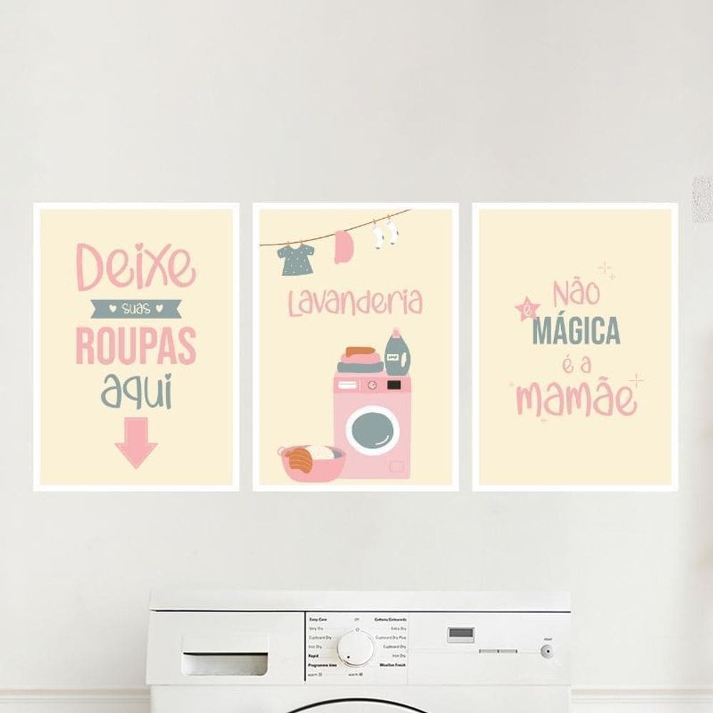 Kit 3 Quadros Lavanderia Mágica 45X34Cm - Com Vidro Branca
