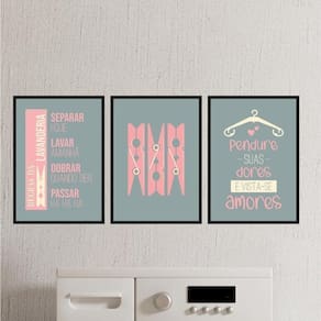 Kit 3 Quadros Lavanderia Cinza E Rosa 24X18CmVidro Preta