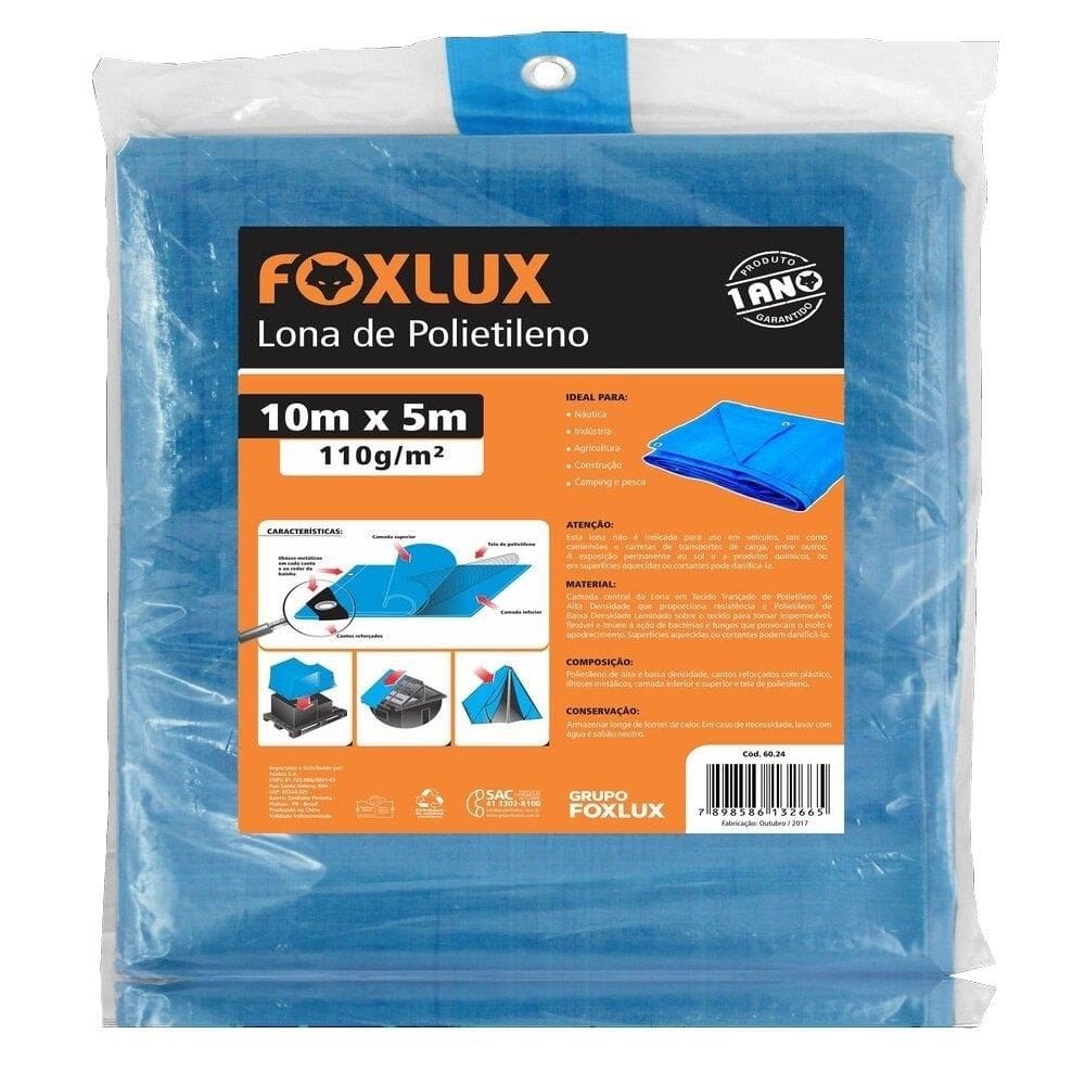 Lona Plastica Azul FoxLux com Ilhos Cantos Reforçados 10mX5m