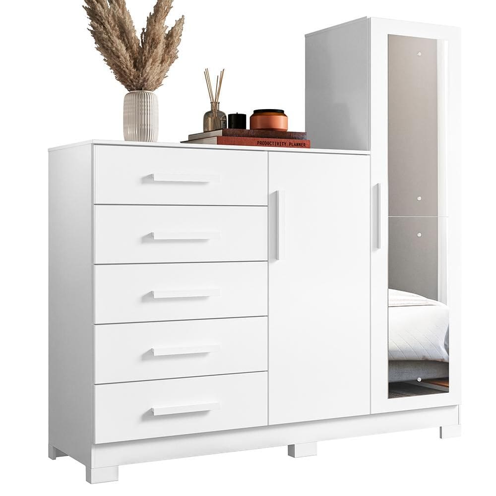 Comoda New Master Quarto Com 5 Gavetas 2 Portas e Espelho