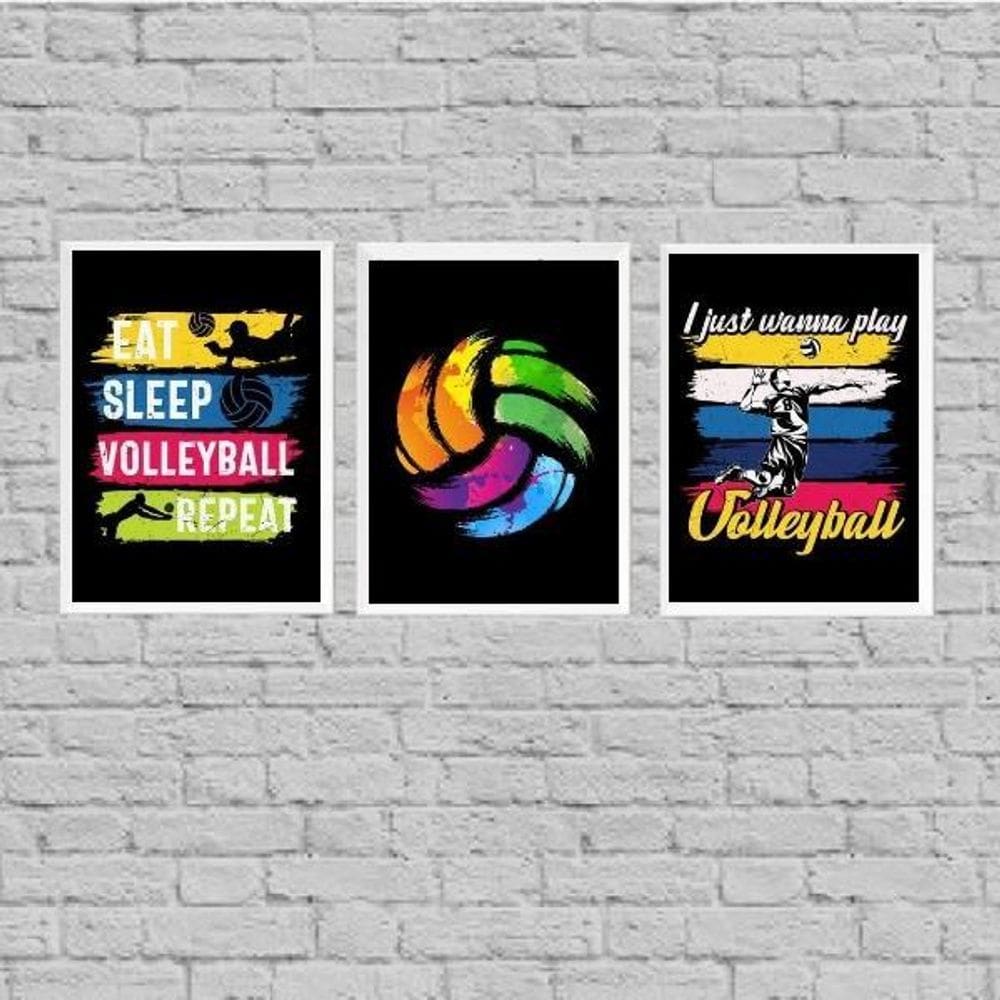Kit 3 Quadros Volleyball Retrô 45X34Cm - Com Vidro Branca