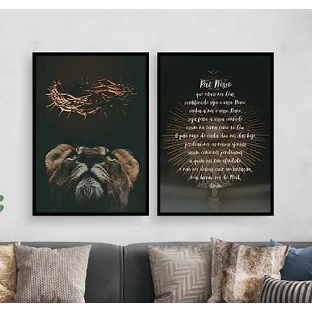 Kit 2 Quadros Oração Pai Nosso Leão 24X18Cm Preta