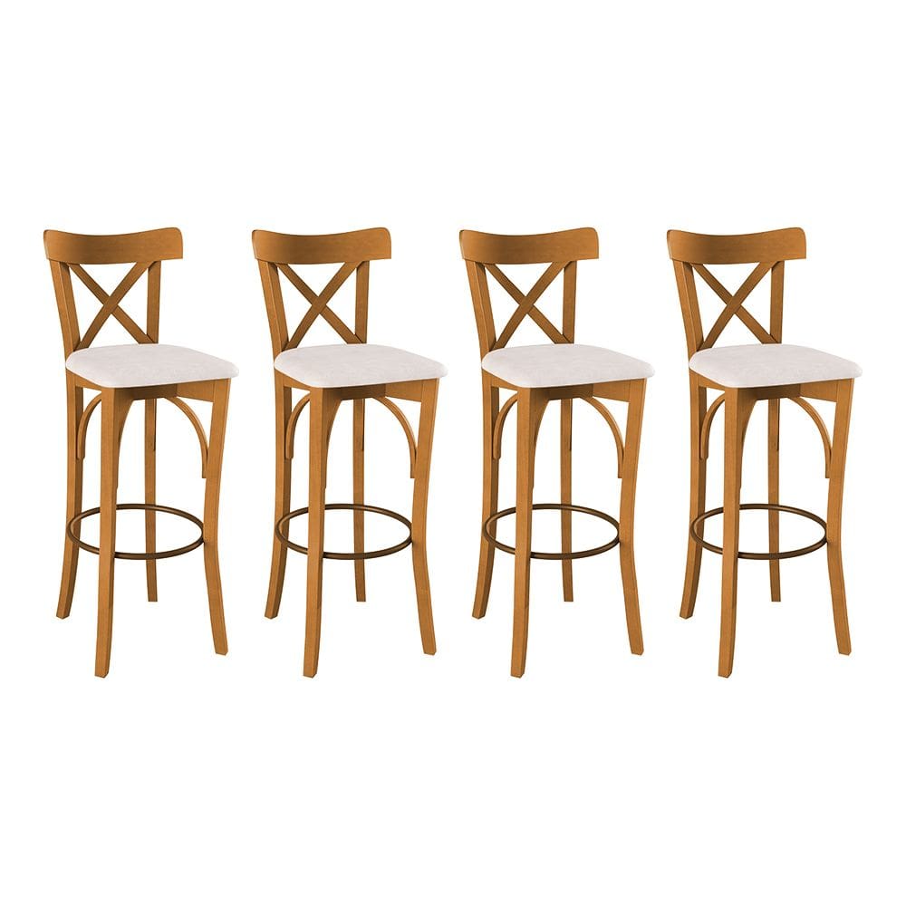 Conjunto 4 Banquetas Alta Merlim Base Em Madeira Maciça Assento Estofado Branco