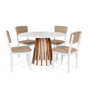Mesa de Jantar Redonda Gabi Nat/Bran com 4 Cadeiras Estofadas Ella Branco/Marrom Claro