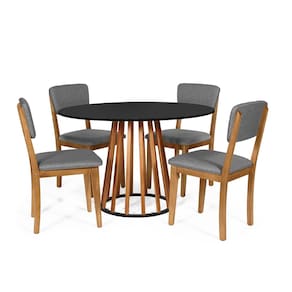 Mesa de Jantar Redonda Gabi Nat/Pret com 4 Cadeiras Estofadas Ella Cinza Escuro